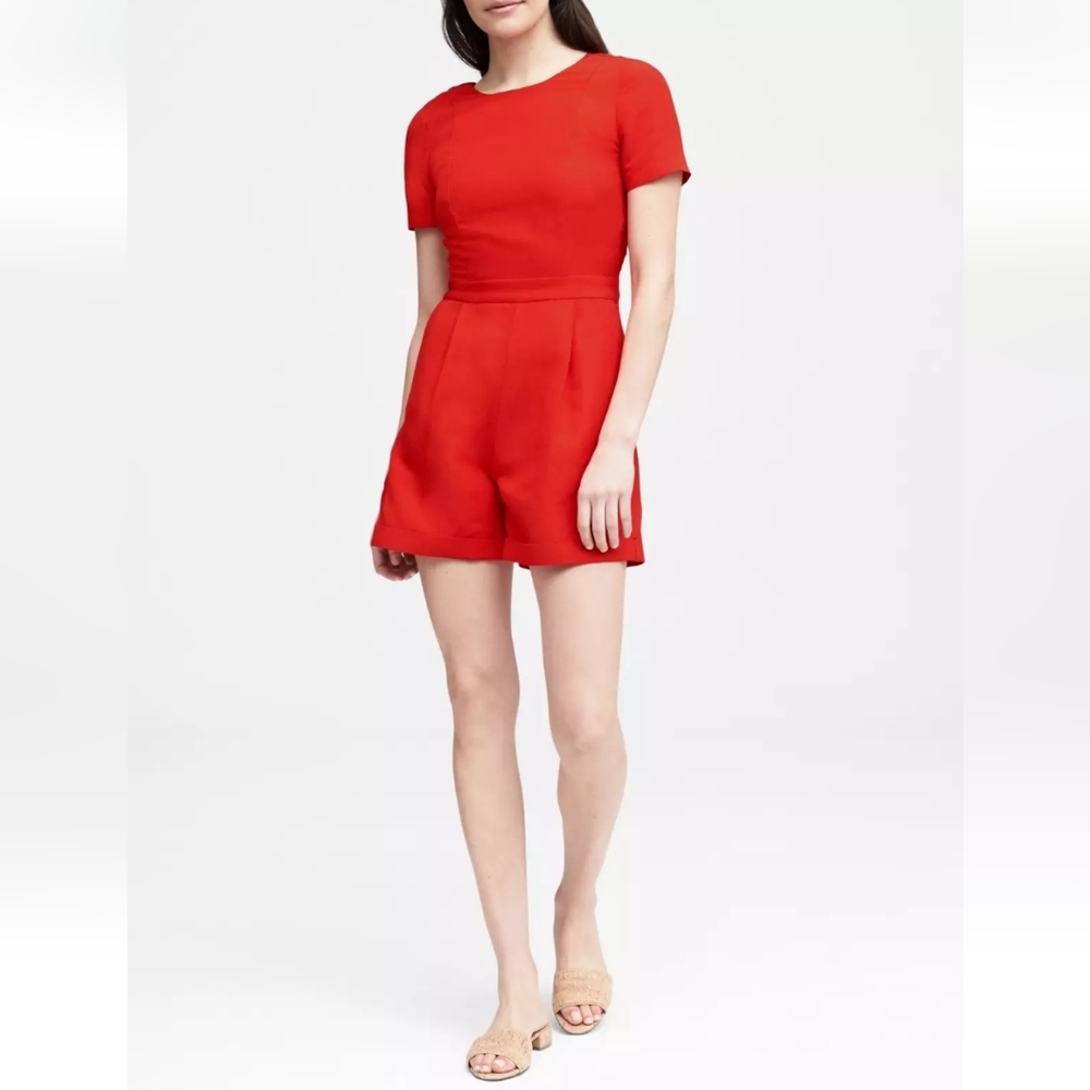 Banana Republic Popsicle Red Linen Shorts Romper Jumpsuit Zipper Back Pockets